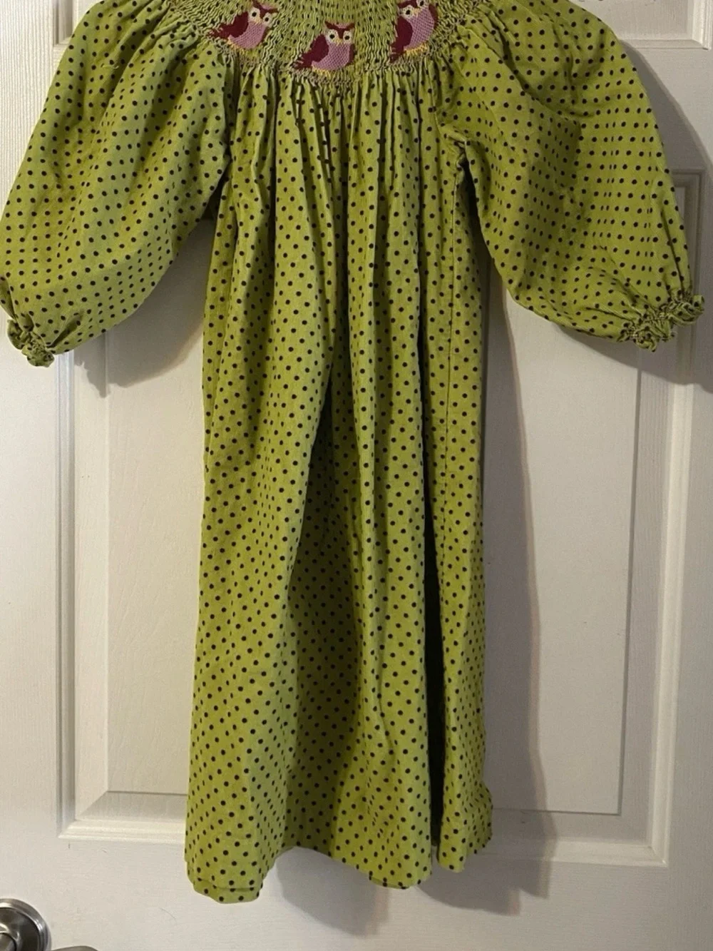Girls' Lime Green Polka Dot Smocked Dress with Owl Embroidery